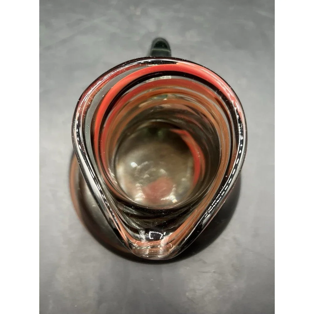 Hand Blown Art Glass Pitcher Amber Brown Swirl Applied Handle 6 1/8” Vase
